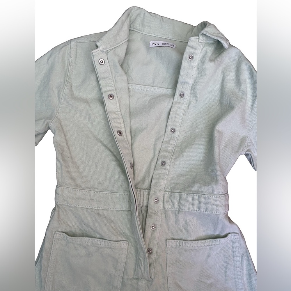 🌍Zara Mint Green Denim Snap Front Short One Piece Romper Size 11/12 Pockets - Picture 3 of 4